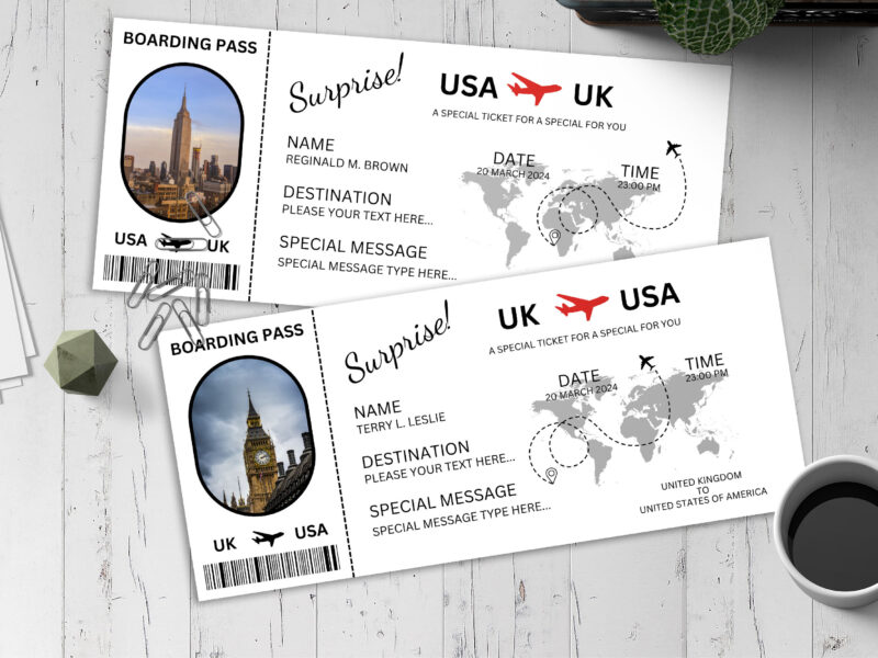 Editable Trip Boarding Pass Surprise Ticket Template – Canva + PDF/JPEG – Concert, Travel, Party, Reunion, Birthday, Christmas, Vacation – Instant Download & Fully Customizable – Memorable Digital Ticket Surprise Gift for Him / Her