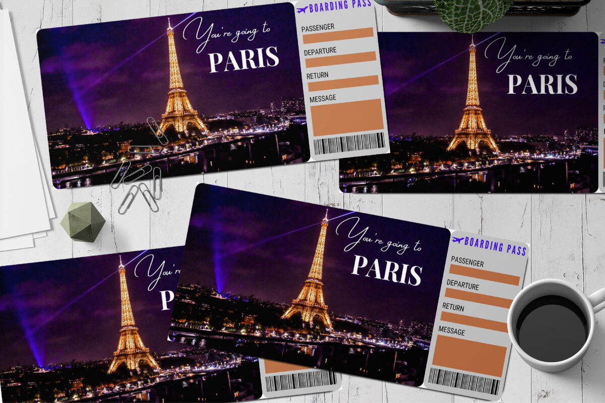 Editable Paris Surprise Ticket Template – Canva + PDF/JPEG – Concert, Travel, Party, Reunion, Birthday, Christmas, Vacation – Instant Download & Fully Customizable – Memorable Digital Ticket Surprise Gift for Him / Her