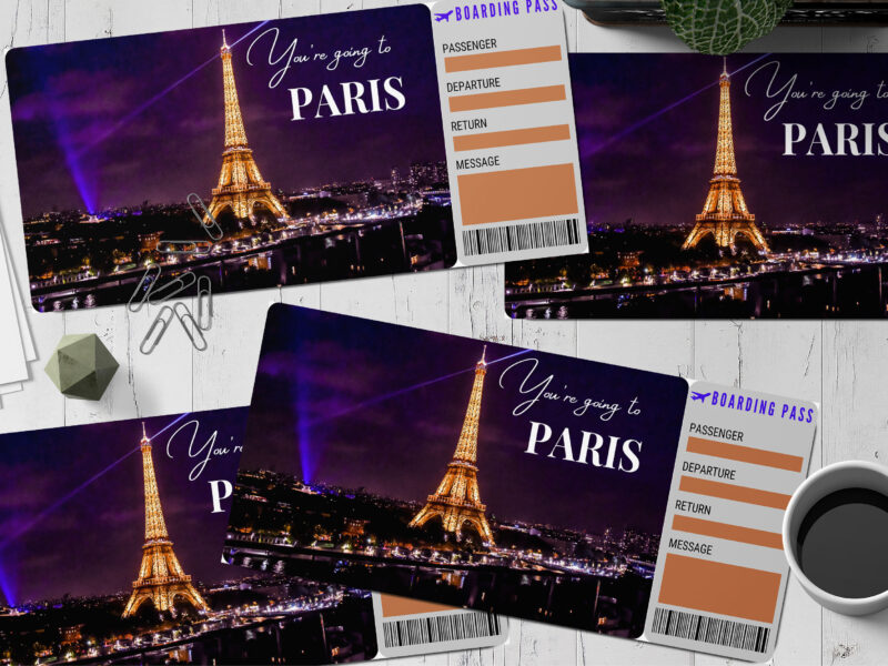 Editable Paris Surprise Ticket Template – Canva + PDF/JPEG – Concert, Travel, Party, Reunion, Birthday, Christmas, Vacation – Instant Download & Fully Customizable – Memorable Digital Ticket Surprise Gift for Him / Her