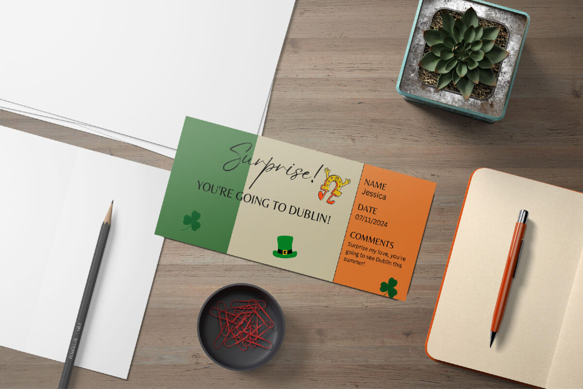 Editable St Patrick, Dublin Surprise Ticket Template – Canva + PDF/JPEG – Concert, Travel, Party, Reunion, Birthday, Christmas, Vacation – Instant Download & Fully Customizable – Memorable Digital Ticket Surprise Gift for Him / Her - Image 4