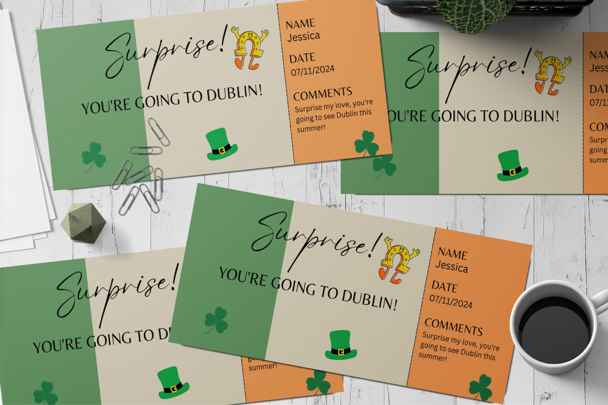 Editable St Patrick, Dublin Surprise Ticket Template – Canva + PDF/JPEG – Concert, Travel, Party, Reunion, Birthday, Christmas, Vacation – Instant Download & Fully Customizable – Memorable Digital Ticket Surprise Gift for Him / Her