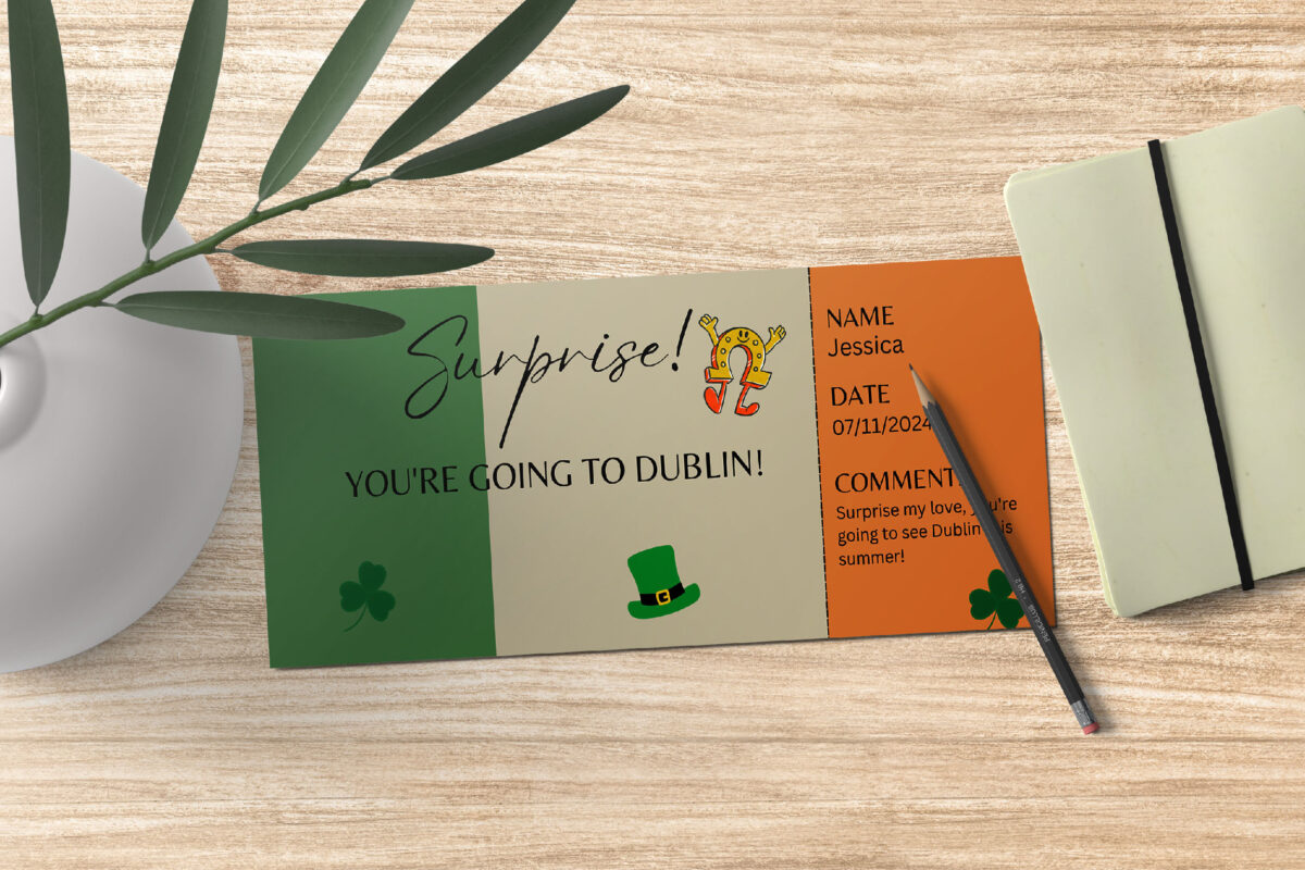 Editable St Patrick, Dublin Surprise Ticket Template – Canva + PDF/JPEG – Concert, Travel, Party, Reunion, Birthday, Christmas, Vacation – Instant Download & Fully Customizable – Memorable Digital Ticket Surprise Gift for Him / Her - Image 3