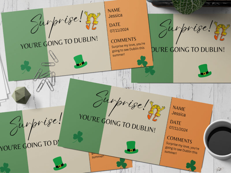 Editable St Patrick, Dublin Surprise Ticket Template – Canva + PDF/JPEG – Concert, Travel, Party, Reunion, Birthday, Christmas, Vacation – Instant Download & Fully Customizable – Memorable Digital Ticket Surprise Gift for Him / Her