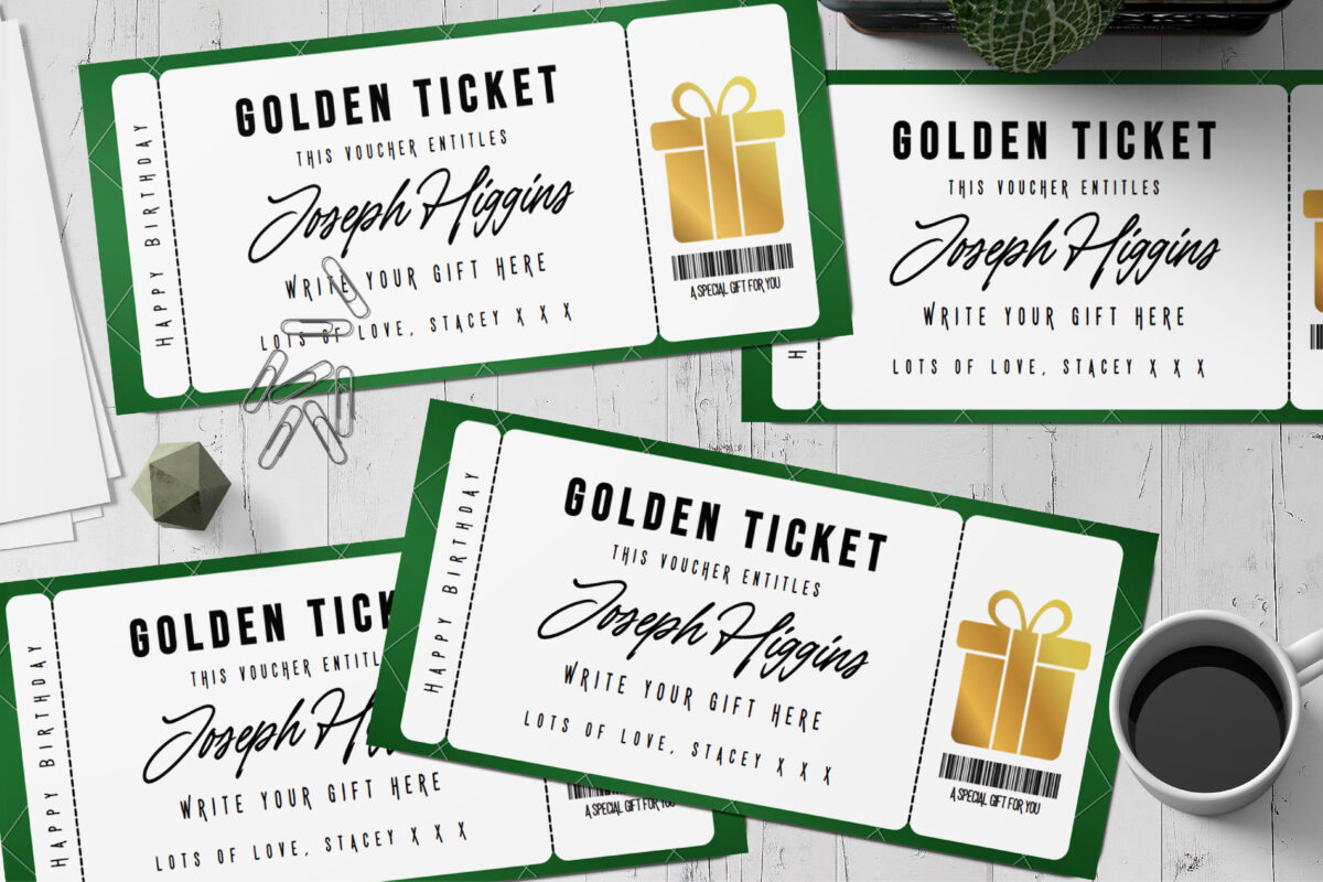 Editable golden gift ticket Surprise Ticket Template – Canva + PDF/JPEG – Concert, Travel, Party, Reunion, Birthday, Christmas, Vacation – Instant Download & Fully Customizable – Memorable Digital Ticket Surprise Gift for Him / Her