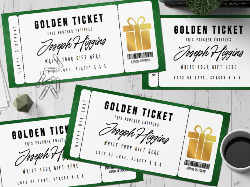 Editable golden gift ticket Surprise Ticket Template – Canva + PDF/JPEG – Concert, Travel, Party, Reunion, Birthday, Christmas, Vacation – Instant Download & Fully Customizable – Memorable Digital Ticket Surprise Gift for Him / Her