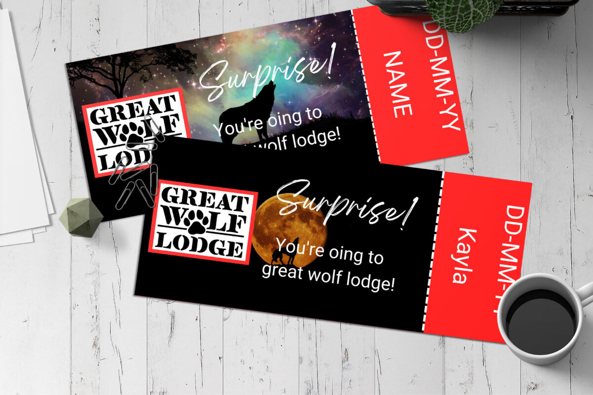 Editable great wolf lodge Ticket Template – Canva + PDF/JPEG – Concert, Travel, Party, Reunion, Birthday, Christmas, Vacation – Instant Download & Fully Customizable – Memorable Digital Ticket Surprise Gift for Him / Her