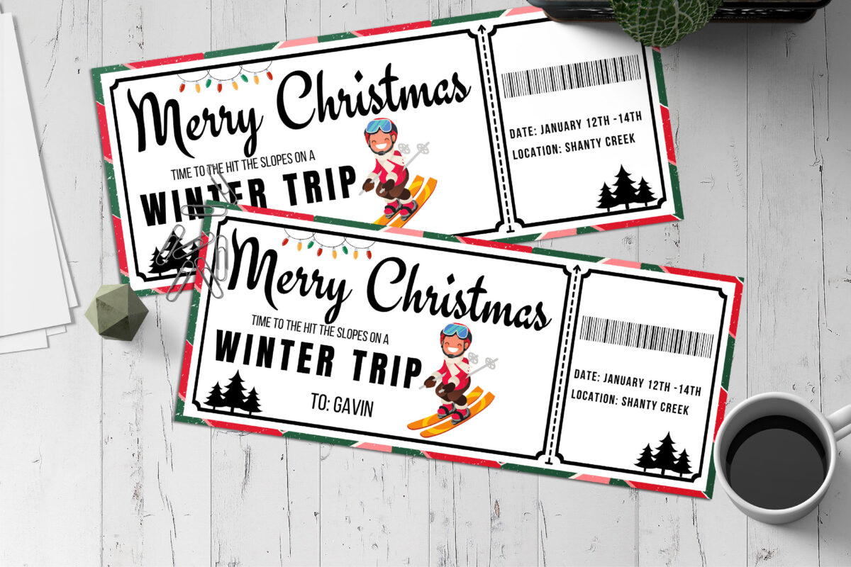Editable Merry Christmas Winter Trip Ticket Template – Canva + PDF/JPEG – Concert, Travel, Party, Reunion, Birthday, Christmas, Vacation – Instant Download & Fully Customizable – Memorable Digital Ticket Surprise Gift for Him / He