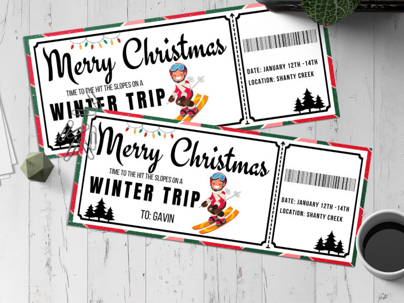 Editable Merry Christmas Winter Trip Ticket Template – Canva + PDF/JPEG – Concert, Travel, Party, Reunion, Birthday, Christmas, Vacation – Instant Download & Fully Customizable – Memorable Digital Ticket Surprise Gift for Him / He