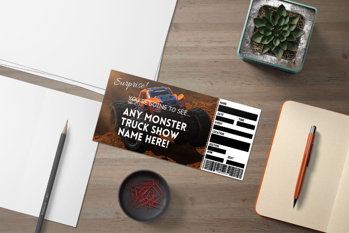 Editable Monster Truck Surprise Ticket Template – Canva + PDF/JPEG – Concert, Travel, Party, Reunion, Birthday, Christmas, Vacation – Instant Download & Fully Customizable – Memorable Digital Ticket Surprise Gift for Him / Her - Image 2