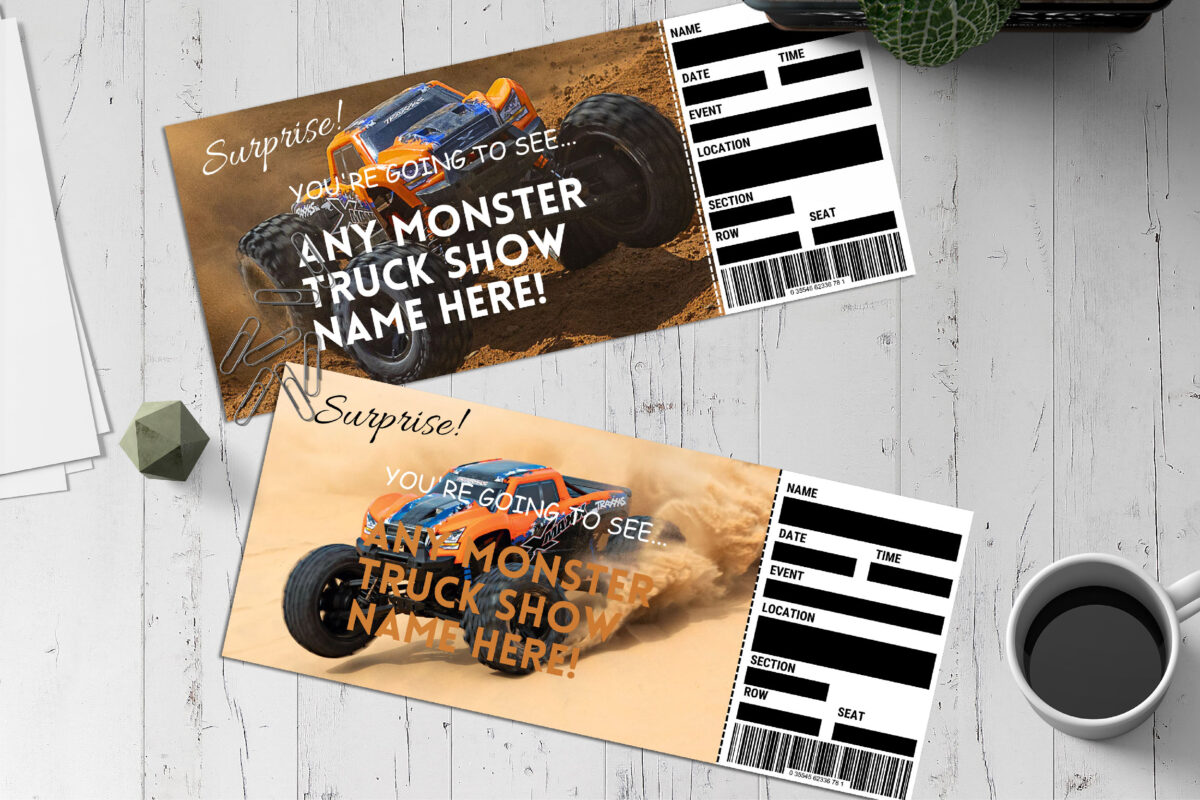 Editable Monster Truck Surprise Ticket Template – Canva + PDF/JPEG – Concert, Travel, Party, Reunion, Birthday, Christmas, Vacation – Instant Download & Fully Customizable – Memorable Digital Ticket Surprise Gift for Him / Her