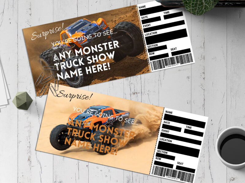 Editable Monster Truck Surprise Ticket Template – Canva + PDF/JPEG – Concert, Travel, Party, Reunion, Birthday, Christmas, Vacation – Instant Download & Fully Customizable – Memorable Digital Ticket Surprise Gift for Him / Her