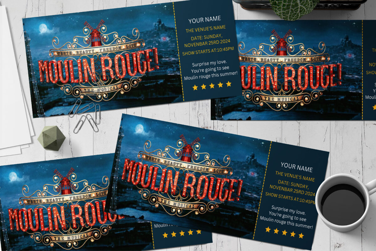 Editable moulin rouge! Surprise Ticket Template – Canva + PDF/JPEG – Concert, Travel, Party, Reunion, Birthday, Christmas, Vacation – Instant Download & Fully Customizable – Memorable Digital Ticket Surprise Gift for Him / Her