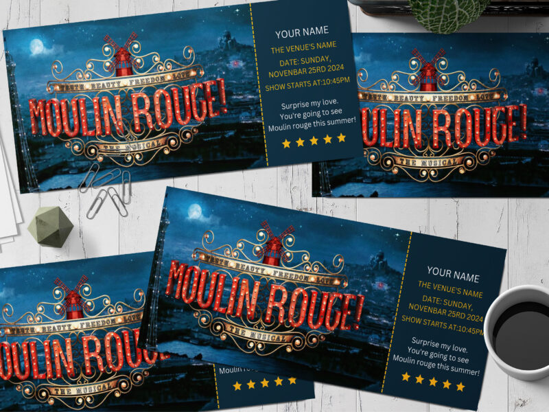 Editable moulin rouge! Surprise Ticket Template – Canva + PDF/JPEG – Concert, Travel, Party, Reunion, Birthday, Christmas, Vacation – Instant Download & Fully Customizable – Memorable Digital Ticket Surprise Gift for Him / Her