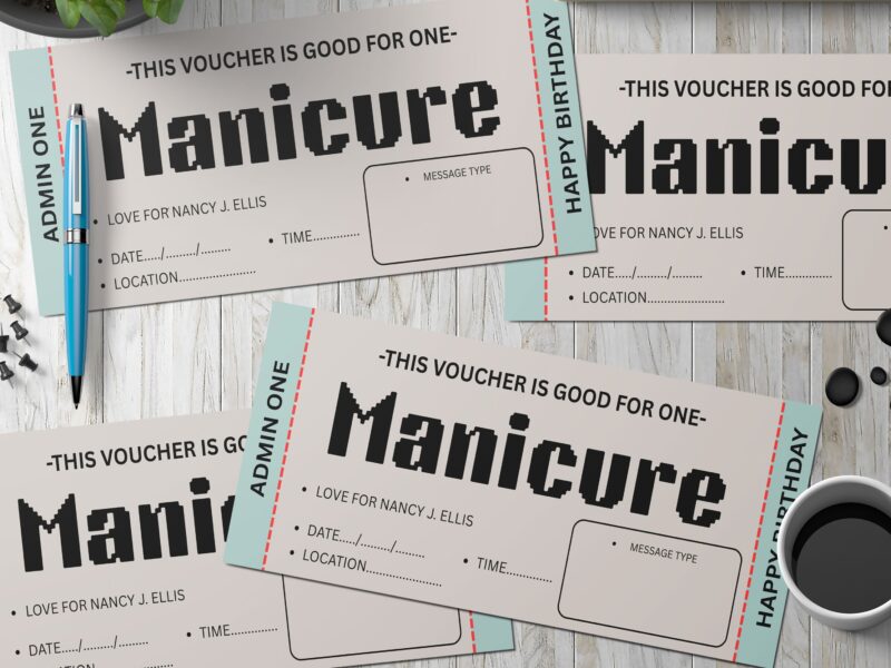 Editable Manicure ticket Surprise Ticket Template – Canva + PDF/JPEG – Concert, Travel, Party, Reunion, Birthday, Christmas, Vacation – Instant Download & Fully Customizable – Memorable Digital Ticket Surprise Gift for Him / Her